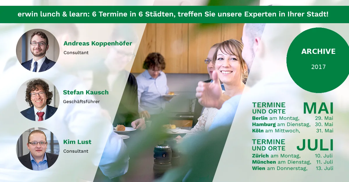 Historische Eventgrafik der erwin Lunch-&-Learn-Roadshow 2017 mit Terminen und Experten